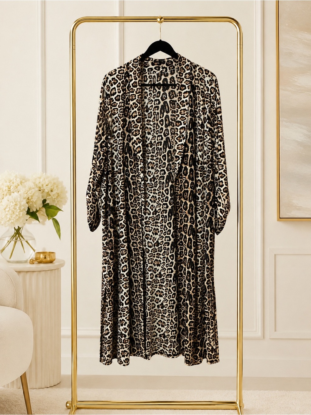 Siren Lily Leopard Print Long Kimono Robe Cover Up in Beige and Black